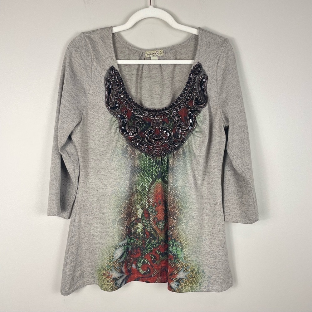 One World Blouse Womens Large Shirt Scoop Neck Embellished Beaded Tan Blouse - Picture 7 of 7